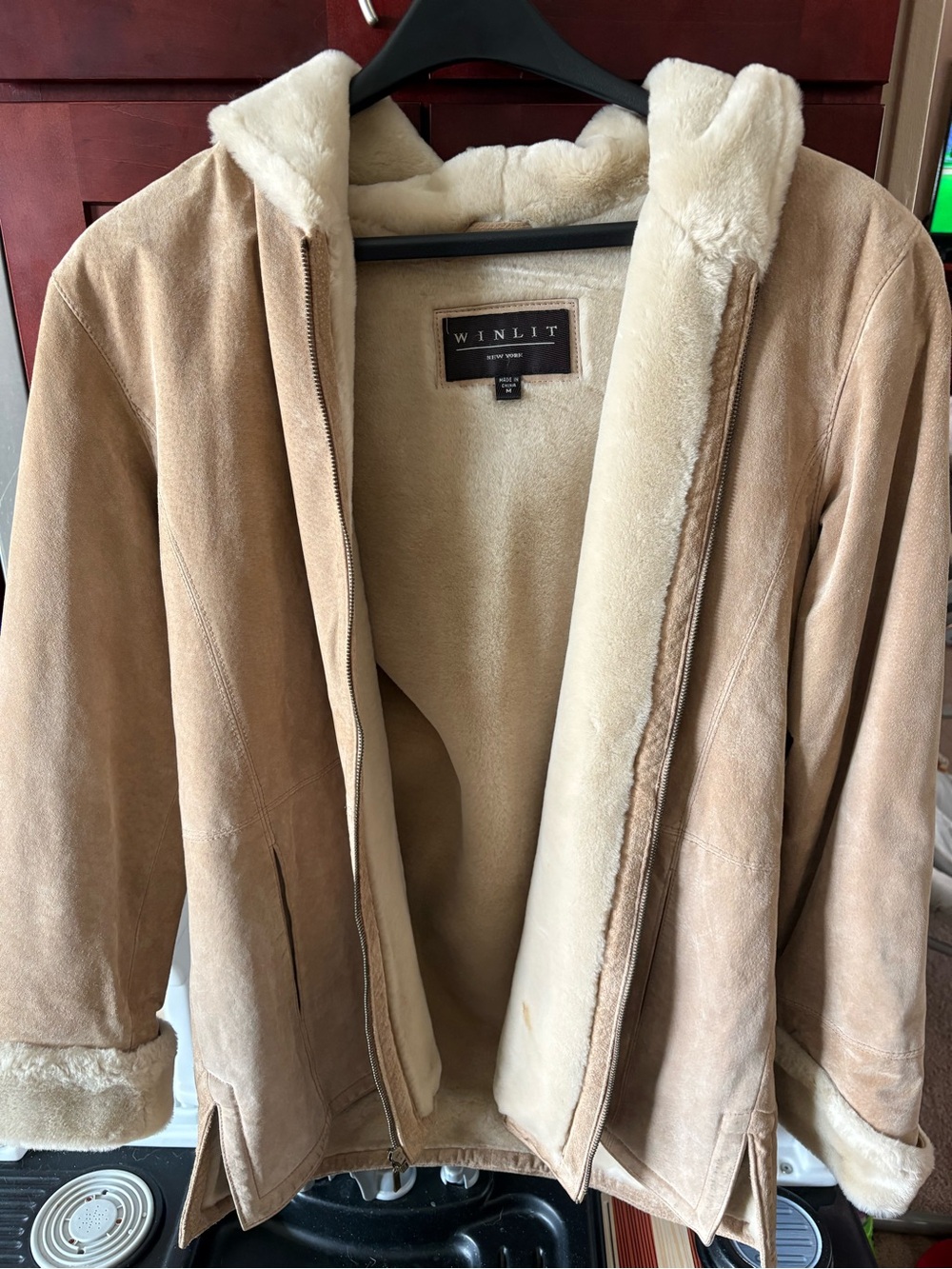 Women's Tan Suede Hooded Shearling Coat- Size M